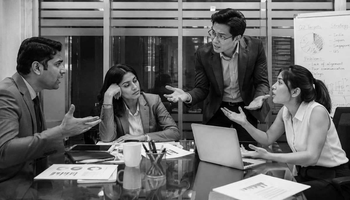 A tense team meeting where messages are being misread