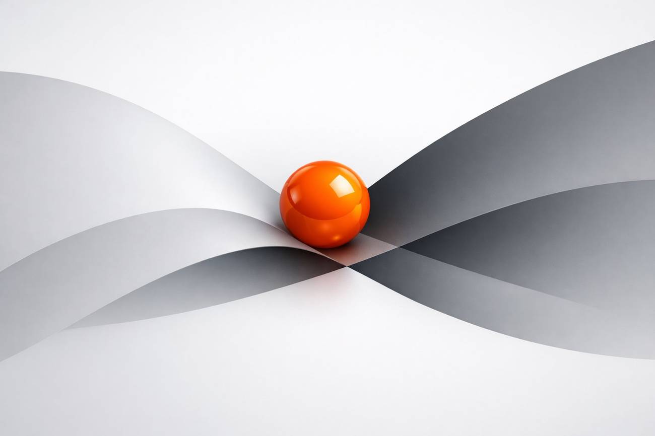 An orange sphere held at the meeting point of two converging paths
